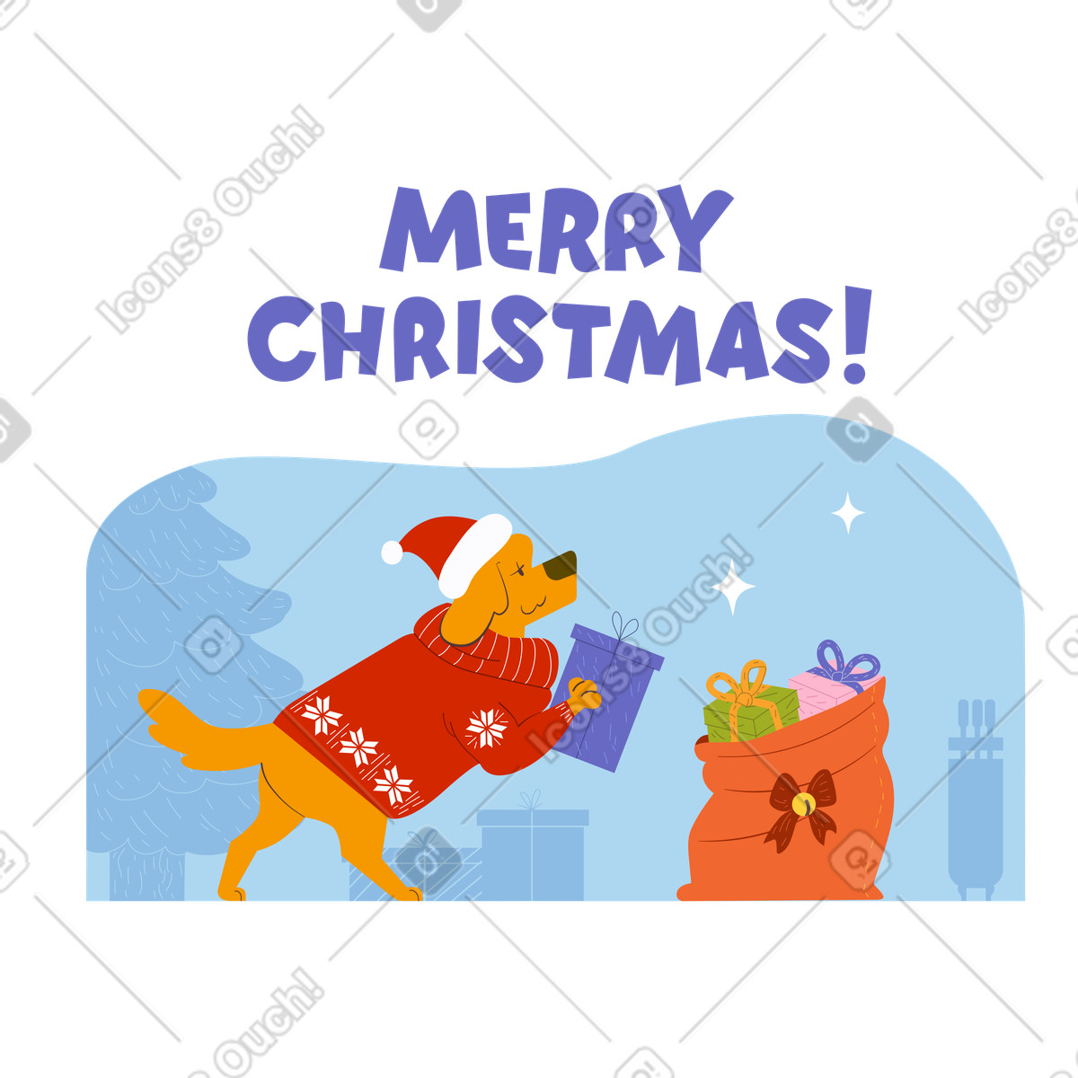 Testo di buon natale e cane raccoglie regali in una borsa illustrazione stile Woof scarica PNG, SVG