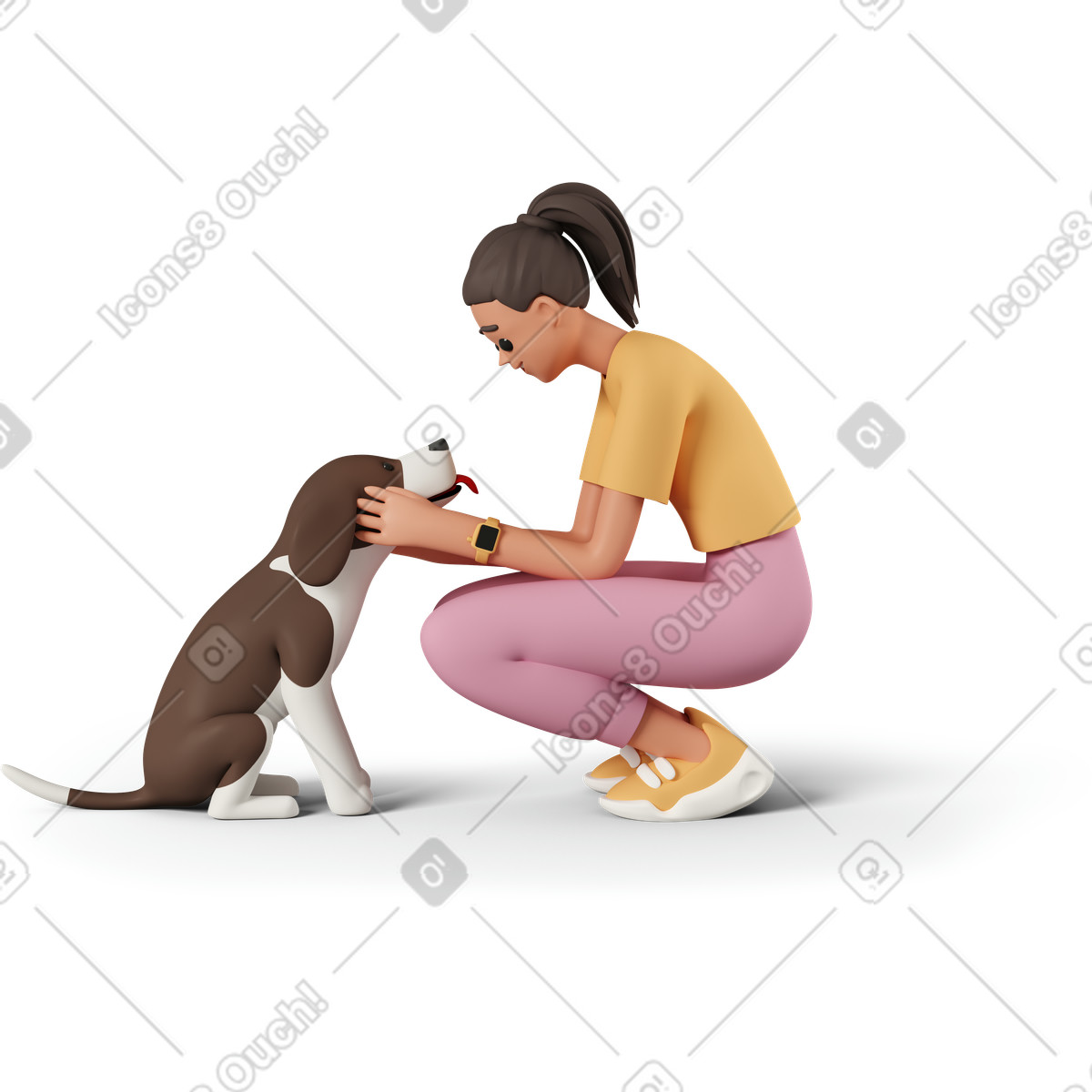 3D Casual life 스타일의 Young woman squatting and petting dog 일러스트레이션 PNG, SVG 다운로드