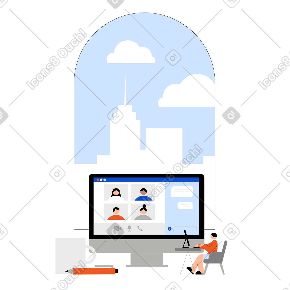 Videoconferenza online, riunione remota illustrazione in stile Tiny scarica in PNG, SVG
