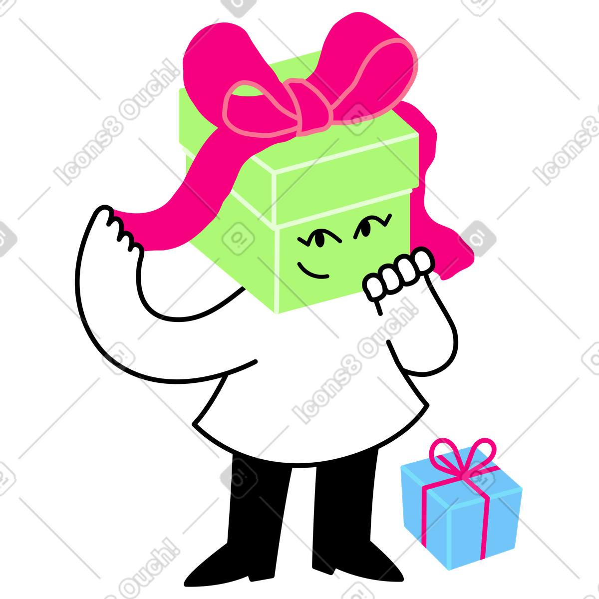 Character with gift head and present box illustration in Giggle style download in PNG, SVG