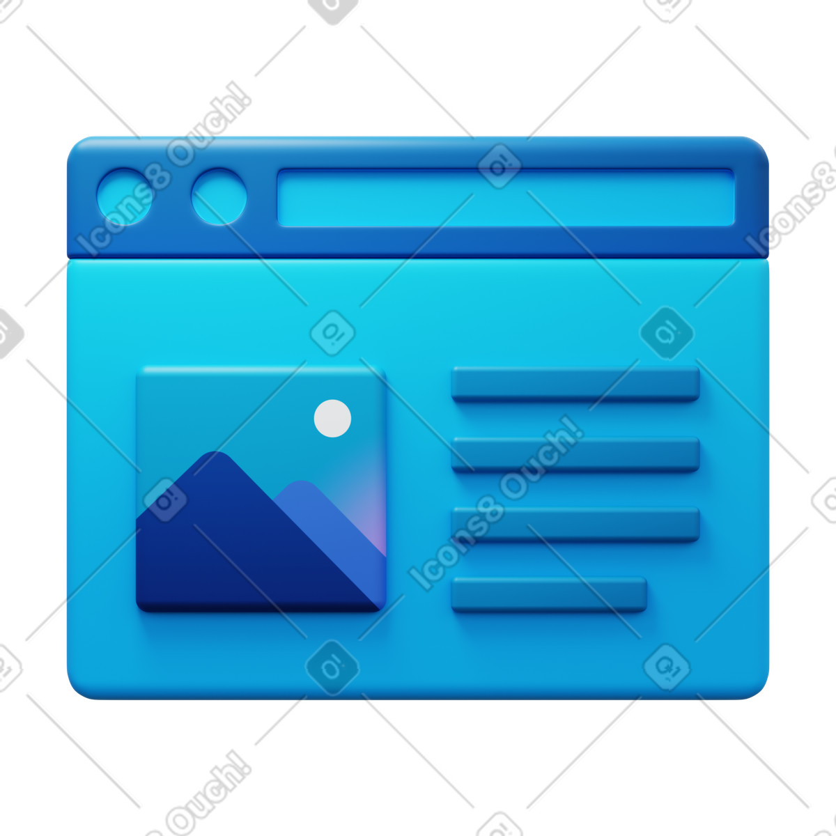 Blue browser window with website page illustration in 3D Fluency style download in PNG, SVG