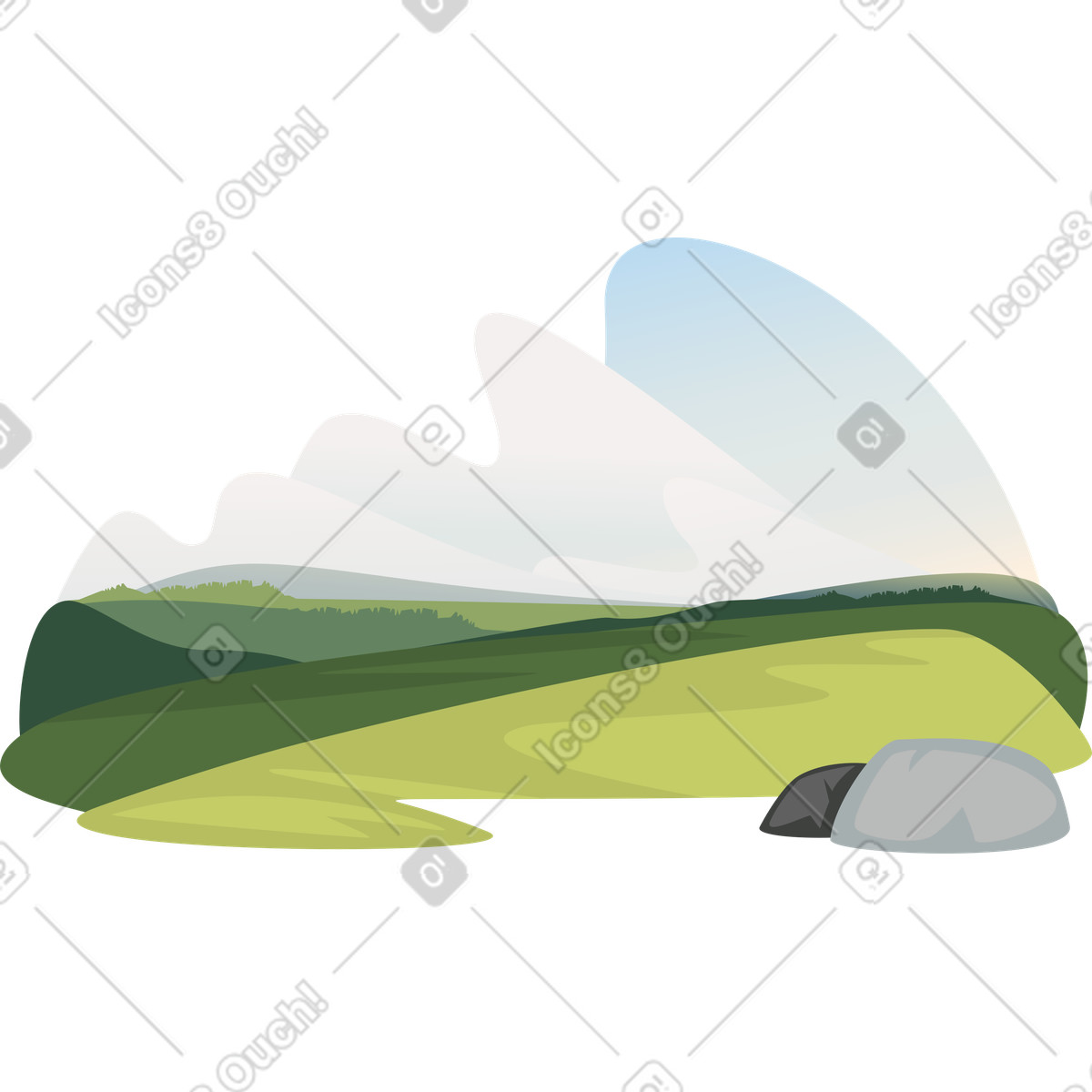 Landscape with fields and cumulus clouds illustration in PNG, SVG