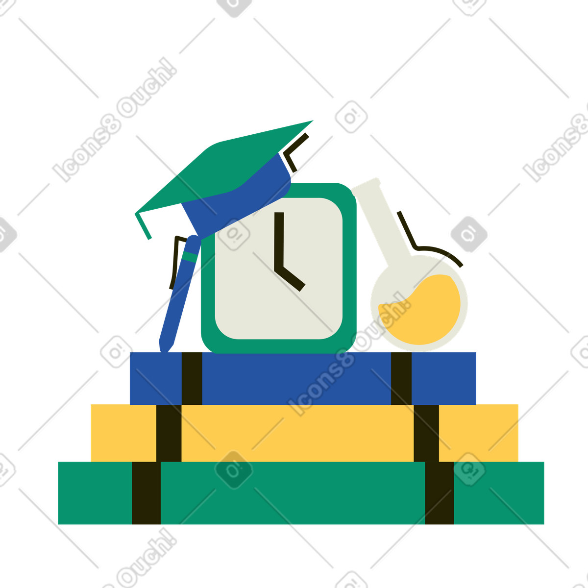 Ilustración Reloj encima de una pila libros. en estilo Spot a descargar en PNG y SVG