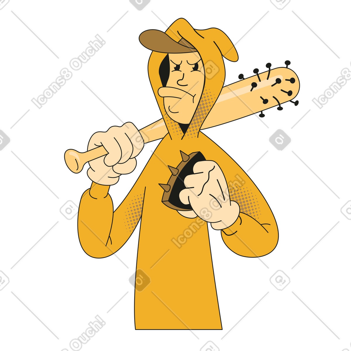 Street gangster with bat and knuckles, Cybersecurity threat or bad gateway concept illustrazione in stile Rubber scarica in PNG, SVG