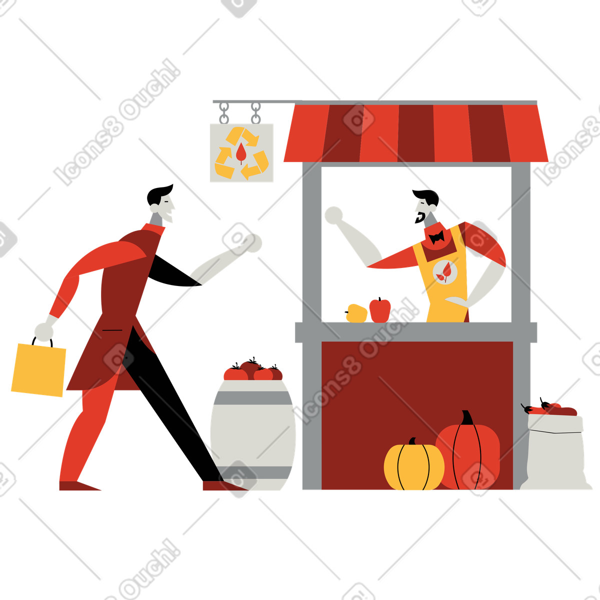 Uomo che acquista prodotti biologici allo stand illustrazione in stile Burgundy scarica in PNG, SVG