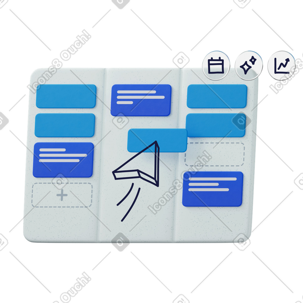 Kanban board columns with colorful task cards and arrow cursor-Illustration im 3D Surfaced-Stil als Download in PNG, SVG