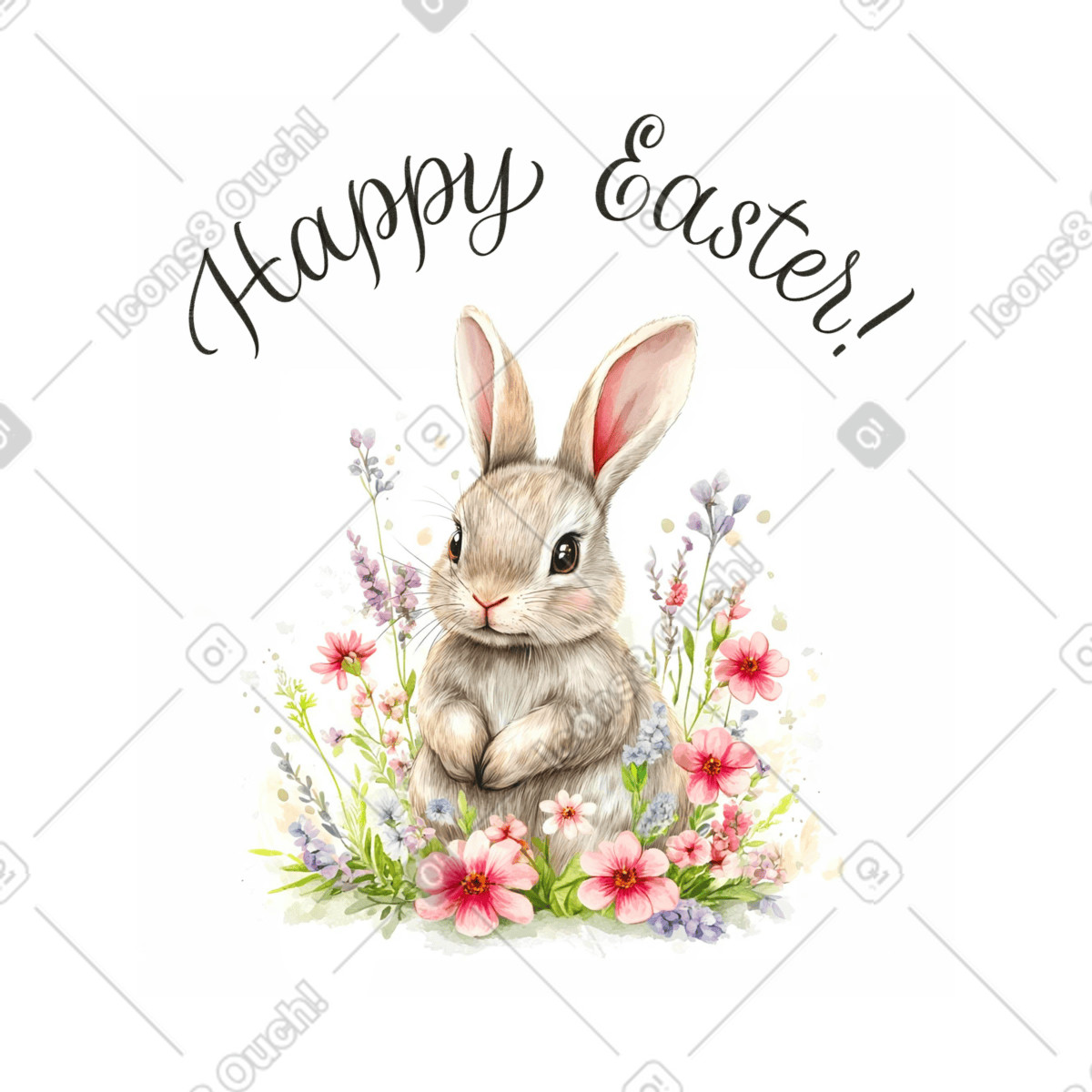 Happy Easter watercolor postcard with bunny and flowers illustration in Postcards style download in PNG, SVG