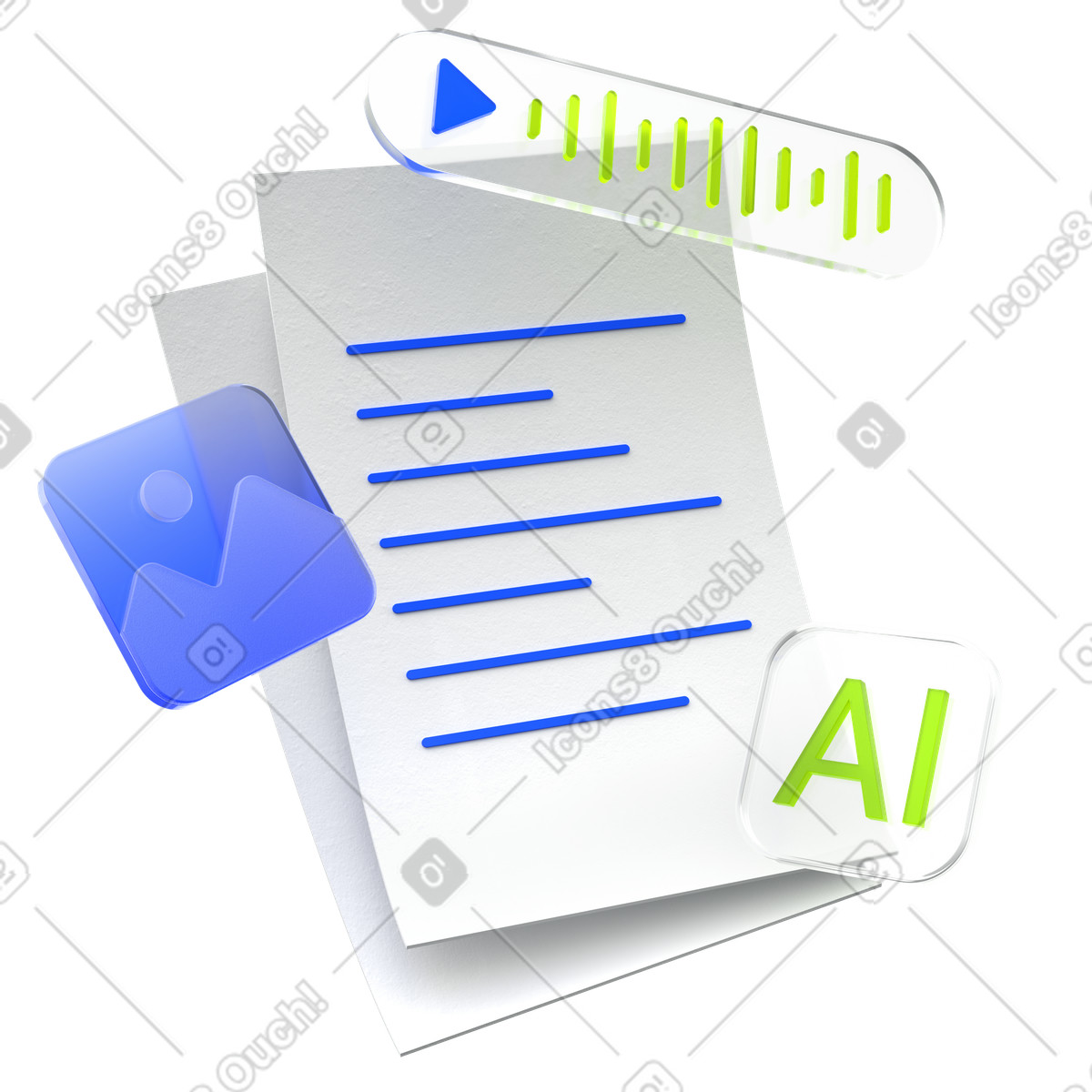 Ai document generator, audio visual content integration, smart file creation tools illustration in 3D Enterprise style download in PNG, SVG