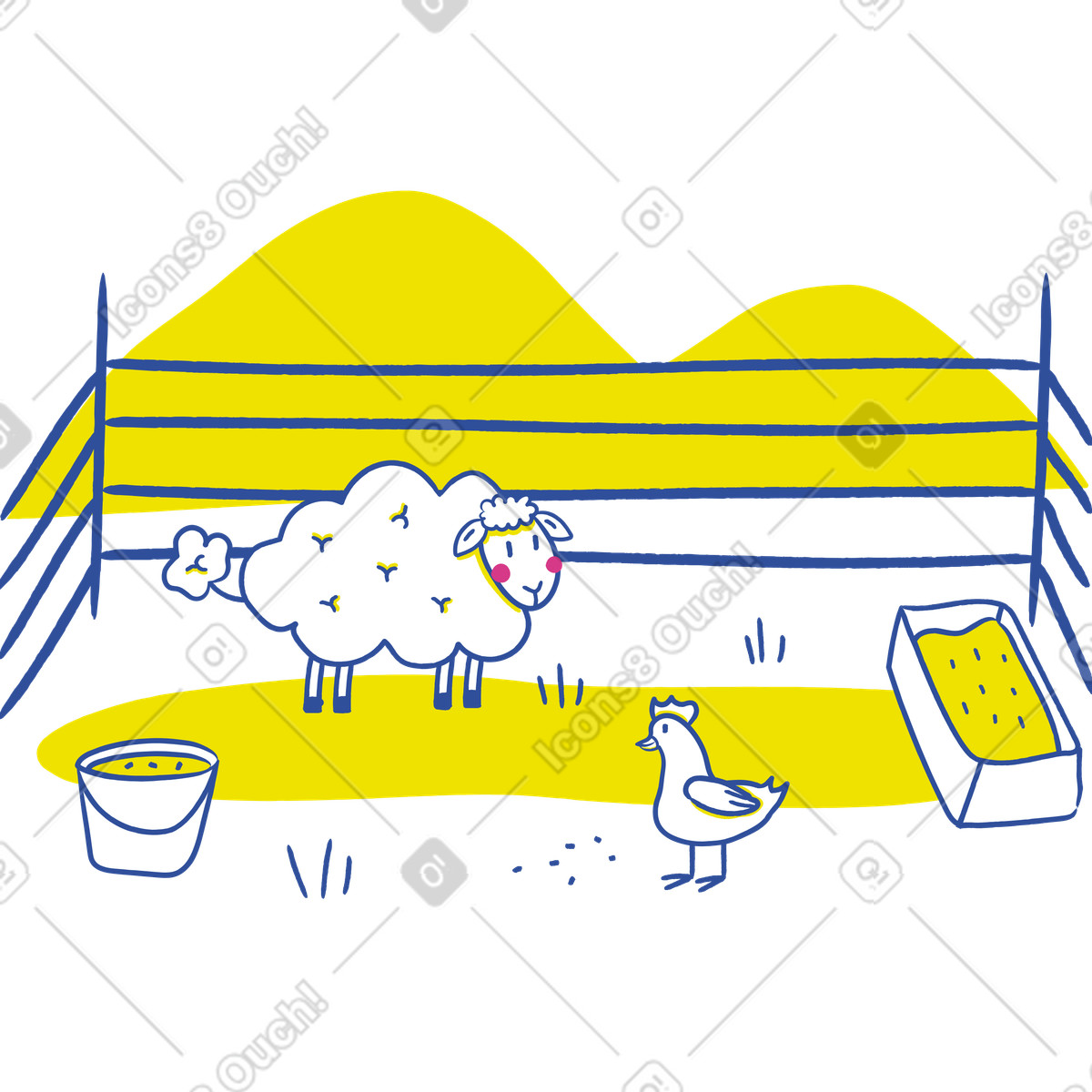 Ilustración Ovejas y pollos dentro de un corral ganado una granja en estilo Experimental a descargar en PNG SVG