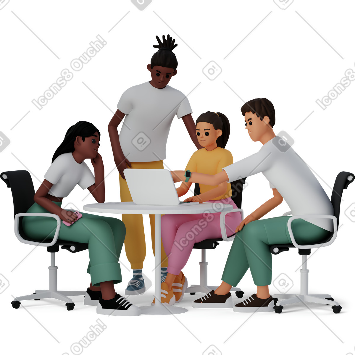 3D Casual life 스타일의 Coworkers reviewing project on laptop, startup team planning and brainstorming 일러스트레이션 PNG, SVG 다운로드