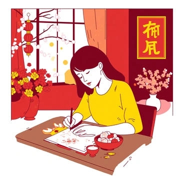 A person writing a heartfelt Tet greeting card surrounded by decorations and a warm ambiance.