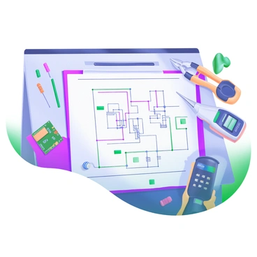A detailed wiring diagram is displayed on a desk, showcasing intricate lines and connections. Surrounding the diagram are various tools including a pair of wire strippers, a soldering iron, and a multimeter. Several electronic components such as resistors, capacitors, and circuit boards are scattered around the workspace. The desk has a clean surface with a subtle wood texture, and the lighting casts soft shadows on the tools and components.