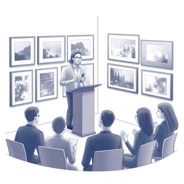 An illustrator stands at a podium in a gallery located in New York City. The backdrop is filled with framed artwork displayed on the walls, showcasing various styles and themes. The illustrator gestures with one hand while holding a microphone in the other, engaging the audience. A diverse group of art enthusiasts sits in front of the podium, attentively listening and taking notes. Some individuals are nodding in agreement, while others are raising their hands to ask questions. The atmosphere in the gallery is focused and interactive, reflecting a vibrant exchange of ideas about art.