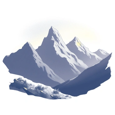 A mountain range with towering peaks, their rugged edges sharply defined against the sky. The scene depicts the early dawn light, illuminating the mountain tops with a soft glow. The foreground features a rocky terrain with sparse vegetation, while the background showcases the majestic mountains rising dramatically. The sky above transitions from dark to light, hinting at the colors of dawn without clearly showing any hues.