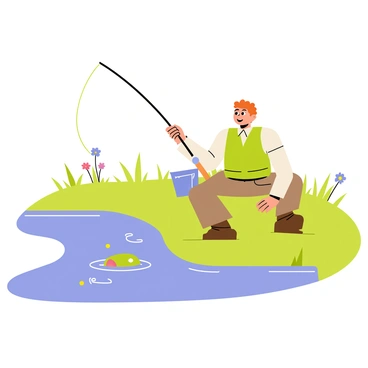A hobbit with curly brown hair and large, round feet is sitting leisurely on a grassy bank by a calm pond. He is wearing a green vest and brown trousers. In his hand, he holds a simple fishing rod with a small bobber at the end. Beside him, a bucket is placed on the ground, ready to catch any fish he might catch. The pond is surrounded by lush, green vegetation, and a few colorful flowers can be seen blooming nearby. Small ripples form in the water as the hobbit patiently waits for a bite.