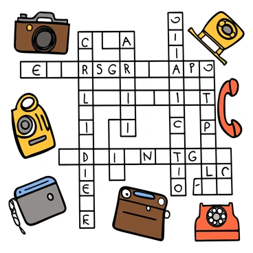 A sepia-toned crossword puzzle filled with words related to vintage themes. The puzzle features old cameras and classic telephones illustrated around it as clues. Each vintage item is detailed, showing the intricate designs and features typical of their era. The background has a subtle texture to enhance the antique feel of the image, while the crossword grid is prominently displayed, with some letters already filled in.