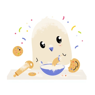 A niffler with a round body and a long snout is standing on a white kitchen counter. The niffler is covered in white flour, and its paws are dusted with flour as it tries to mix ingredients in a bowl. Shiny sprinkles in various colors are scattered everywhere, creating a vibrant mess. The niffler's shiny eyes are wide with excitement, and a few sprinkles are stuck to its nose. A rolling pin and cookie cutouts are nearby, adding to the baking scene.