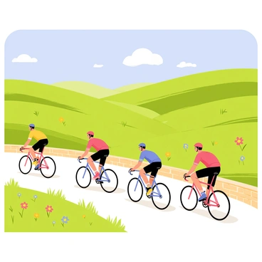 A group of five cyclists riding on a winding road in rural Mallorca. The cyclists wear colorful helmets and jerseys, showcasing bright hues of red, blue, yellow, and green. Lush green fields flank the road, dotted with vibrant wildflowers in various colors. Rolling hills rise in the background under a clear blue sky, with a few fluffy white clouds. The sun casts a warm light on the scene, highlighting the cyclists as they navigate the beautiful countryside. A traditional stone wall runs alongside the road, adding to the charm of the landscape.