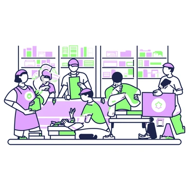 A factory interior filled with workers in various uniforms, busy assembling certificates. Several workers are at long tables, carefully stacking certificates that feature an assortment of illustration designs. One worker is holding a green certificate with a circular design, while another is working on a purple certificate showcasing a floral pattern. In the background, there are shelves lined with reams of colorful papers and printing supplies. The atmosphere is focused, with each worker concentrating on their task, and tools like scissors, staplers, and paper cutters are scattered across the tables.