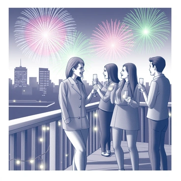 A woman stands on a rooftop deck, surrounded by a group of friends. She is wearing a festive outfit and holding a sparkling drink, smiling and laughing. In the background, colorful fireworks burst in the night sky, illuminating the scene with bright patterns. The rooftop deck features wooden railings and is adorned with string lights, creating a joyful atmosphere. The friends are engaged in conversation and toasting to the occasion, adding to the celebratory mood. The urban skyline can be seen in the distance, providing context to the rooftop setting.