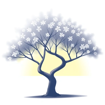 A silhouette of a cherry tree stands prominently in the foreground. The tree features a wide trunk and a sprawling canopy adorned with numerous blossoms. The branches are delicately arched, creating an intricate outline against the sky. The backdrop consists of a gradient sunset sky, with gentle transitions between shades of yellow and black, forming a striking contrast with the dark shape of the tree. The scene creates a harmonious balance between the natural form of the cherry tree and the expansive sky behind it.