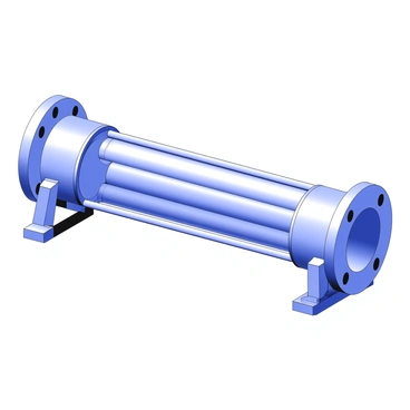 A cutaway view of a shell and tube heat exchanger is presented. The exterior features a cylindrical shell with flanged connections at both ends. Inside, multiple parallel tubes are arranged lengthwise, each one filled with fluid. The tubes run through the center of the shell and are supported by baffles that create flow paths for the shell-side fluid. At one end of the heat exchanger, there is a tube sheet that holds the tubes in place, while on the opposite end, there is an inlet and an outlet for the fluids. The overall assembly is supported by mounting brackets at the base, showcasing the engineering design.