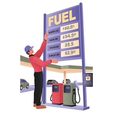 A digital flat illustration featuring a tall gas station sign displaying fuel prices. The sign has a bright blue background with bold yellow and white lettering for the prices. An attendant, wearing a red uniform and a blue cap, is reaching up to adjust the prices on the sign with a tool. The attendant has short black hair and a focused expression. Below the sign, there are two gas pumps, one red and one green, with hoses hanging down. In the background, there are a few cars parked near the pumps and a clear sky above.