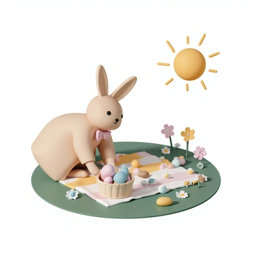 An Osterhase setting up a picnic with a basket full of eggs and treats