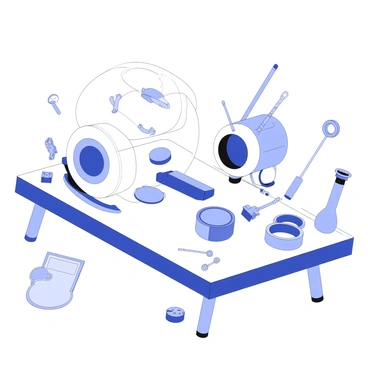 A robot is designed to mimic the functions of a lysosome. The robot has a rounded, semi-transparent body resembling a cell's organelle, with internal mechanisms visible through its surface. It features several compartments for storage, resembling the different enzymatic functions of a lysosome. Various small tools and instruments are attached to its exterior, suggesting its capability to break down materials. The robot is situated on a laboratory table, surrounded by science equipment, highlighting its role in biological research.