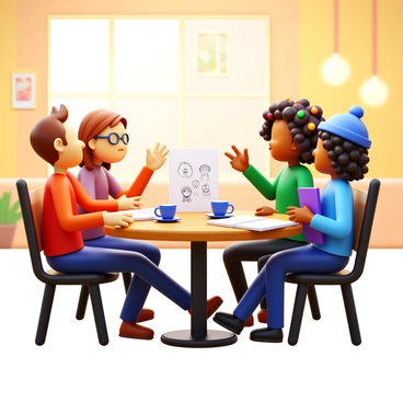 A group of art students discussing their illustration evaluations in a café