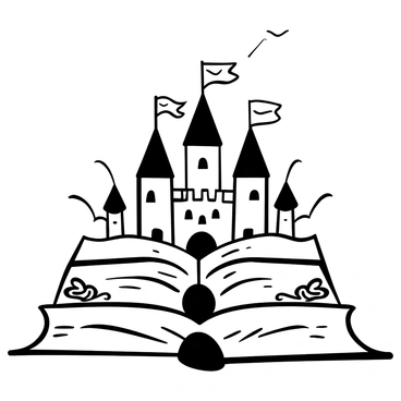 A grand castle with multiple towers and flags displayed on top, emerging from the pages of an open book. The pages are fluttering slightly, creating a sense of movement. Detailed stonework and crenellations adorn the castle's towers, while the banners feature intricate patterns. Surrounding the castle, the edges of the book are decorated with ornate designs, enhancing the magical atmosphere of the scene.