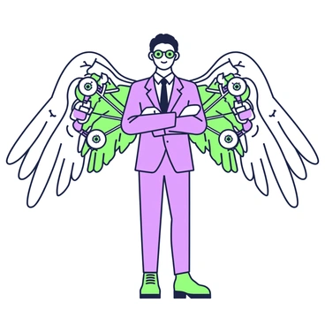 A human figure stands confidently, showcasing biomechanical wings intricately designed with both metallic and organic elements. The figure has a determined expression, with eyes focused ahead. The wings are extended fully, displaying a combination of gears, hydraulic tubes, and a wing-like shape resembling that of a bird. The figure is dressed in a fitted suit that complements the design of the wings. The background is minimal, emphasizing the figure and its wings, conveying a sense of readiness for flight.