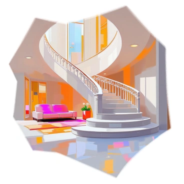 A grand spiral staircase made of polished white marble winds elegantly upward within a luxurious mansion. The staircase features intricate carvings along the railing, adding to its opulence. Richly colored carpets line the steps, providing a striking contrast to the marble surface. Soft, ambient lighting illuminates the space, creating a warm atmosphere. The walls surrounding the staircase are adorned with exquisite artwork and gold-framed mirrors, enhancing the grandeur of the mansion's interior.