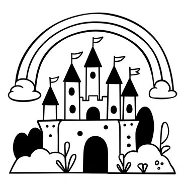 A whimsical castle with multiple towers, each topped with colorful flags flying in the breeze. The castle is surrounded by a lush landscape filled with trees and flowers. A large arched bridge leads up to the entrance of the castle. Above, a broad rainbow stretches across the sky, arching gracefully over the scene.