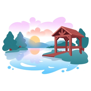 A pavilion is positioned at the edge of a lake, constructed from wooden beams and adorned with intricate patterns. The sunset casts vibrant colors across the sky, with shades of pink, orange, and purple blending together. The water of the lake reflects these colors in a shimmering display, while gentle ripples distort the reflection. Surrounding the lake are lush trees, their silhouettes contrasting against the bright sky. The scene is tranquil, inviting a sense of peace and calm.