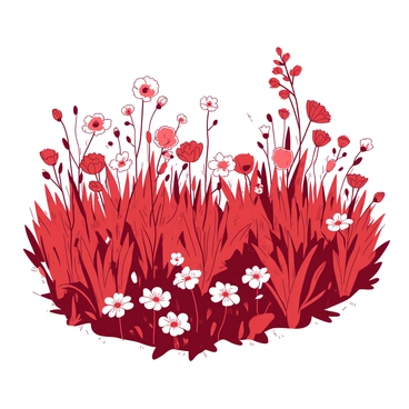 A red field filled with various Swedish wildflowers sways gently in the breeze. The flowers are diverse in shape and height, with some taller flowers standing proudly among a sea of vibrant blooms. The scene captures the movement of the flowers as they dance in the soft wind, creating a lively atmosphere. In the background, there are glimpses of green grass peeking through the colorful flowers, adding to the vividness of the field.