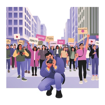 A digital flat illustration of a busy city street filled with a lively protest scene. In the foreground, a photojournalist is crouched down, holding a camera up to their face, capturing the energy of the crowd. The photojournalist has short black hair, wearing a blue jacket and jeans. Surrounding them is a diverse group of protesters holding colorful signs with various slogans such as "Justice" and "Equality" written in bold letters. The crowd consists of people of different ages and backgrounds, some waving flags, while others hold their fists raised in the air. The buildings in the background are modern and tall, with a clear blue sky above.