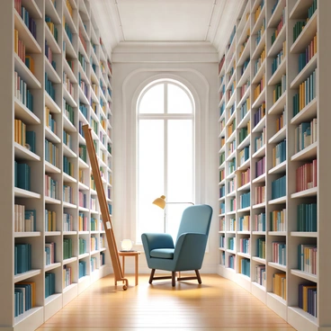 A grand library room with towering bookshelves filled with colorful books. The shelves reach up to a beautifully decorated ceiling. In the center, there is a wooden rolling ladder leaning against one of the shelves, providing access to the higher books. There is a cozy reading nook in one corner, featuring a plush armchair upholstered in deep blue fabric, a small side table, and a warm lamp illuminating the space. A large window allows natural light to flood the room, casting soft shadows across the polished wooden floor.