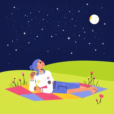A girl named "Sarah" is lying on a colorful blanket spread out over lush green grass in a wide-open field. She is gazing up at a clear night sky filled with countless twinkling stars. The stars create a beautiful pattern, with some stars being larger and brighter than others. The blanket has a vibrant mix of colors, such as red, blue, and yellow. Surrounding Sarah, there are a few wildflowers blooming in different colors, adding a touch of nature to the scene. The moon is visible, casting a gentle light that enhances the starry sky above.