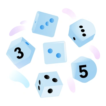 A set of six dice is arranged in a way that shows the numbers "3" and "5" prominently on their visible faces. The die showing "3" has distinct pips clearly defined, while the die displaying "5" has its pips arranged in a diagonal pattern. The remaining faces of the other dice are turned in various directions, displaying numbers "1", "2", and "4" in a casual arrangement. The background features a soft gradient of pastel colors that enhances the visual focus on the dice.