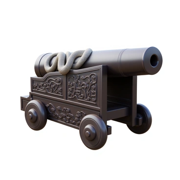 An ancient Chinese cannon crafted from dark wood, featuring ornate dragons coiling around its barrel. The cannon is adorned with intricate carvings depicting traditional motifs, including clouds and waves, adding to its historical significance. The texture of the wood shows aged patina, reflecting its long history. Detailed elements such as the cannon's wheels are visible, showcasing craftsmanship typical of ancient Chinese artillery. The overall composition highlights both the power of the cannon and the artistry of its decorations.