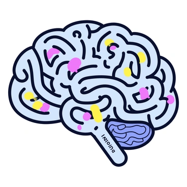 A brain depicted as a maze, with one path leading to logic and the other to imagination