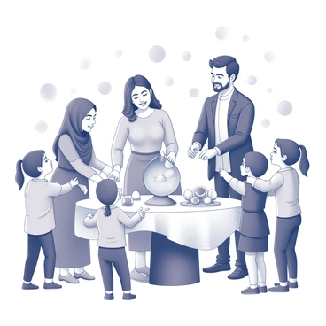 A multicultural family gathered around a Haft-Sin table, which is adorned with various symbolic items. The table is set with seven traditional items, each representing prosperity, health, and renewal. Family members of different ethnic backgrounds are engaged in joyful celebration. A woman in traditional attire places a mirror on the table, while a man decorates it with painted eggs. Children are excitedly pointing at the table, showing their eagerness to participate in the festivities. The background features decorative elements indicative of the Nowruz celebration, enhancing the scene's festive atmosphere.