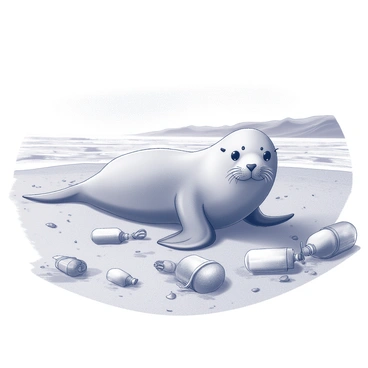 A seal pup is lying on a sandy beach. The pup has a soft, mottled gray fur coat and large, expressive eyes. Surrounding the seal are various pieces of debris including plastic bottles, pieces of rope, and fragments of wood, all scattered across the shoreline. The beach is uneven with patches of wet sand and pebbles, creating a textured surface where the seal rests. In the background, gentle waves can be seen rolling in, while the sky above is clear and expansive.