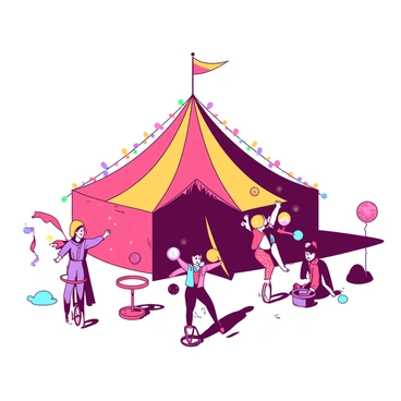 A small circus tent featuring a vibrant exterior adorned with colorful lights strung around the edges. The tent is prominently placed in the center, casting soft shadows on the ground. In front of the tent, there are several performers in enigmatic costumes, each showcasing unique designs and patterns. One performer is juggling glowing balls, while another is balancing on a unicycle. Various props such as hoops and flags are scattered around the performers, enhancing the lively atmosphere. The scene is filled with a sense of excitement and energy.