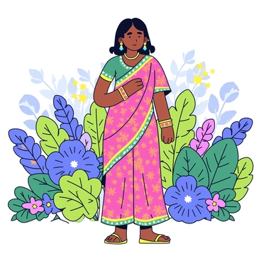 An Indian girl wearing a vibrant saree that features intricate patterns and bright colors such as red, green, and gold. She is adorned with traditional jewelry including large earrings, a necklace, and bangles that shimmer in the sunlight. The girl stands confidently in a lush garden filled with various plants and flowers, showcasing rich greens and bursts of color from blooming flowers. The background includes soft, muted hints of trees and foliage, enhancing the scene's natural beauty.