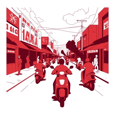 A red busy street filled with various motorcycles that are traveling in different directions. The motorcycles are producing clouds of black smoke that billow out from their exhausts, creating a dramatic effect. People are walking along the sidewalks, and colorful storefronts line the street, adding to the vibrant atmosphere of the scene. The sky above is clear, allowing sunlight to illuminate the bustling environment.
