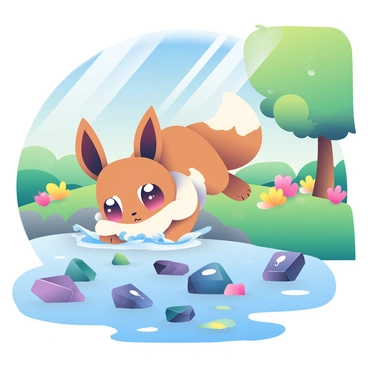 An Eevee with fluffy brown fur and large, expressive eyes is peering into a clear lake. The lake's surface reflects the blue sky above, and the water is filled with rare crystal-like stones of various shapes and colors, including shades of purple, blue, and green. The surrounding area is lush with vibrant green grass and colorful wildflowers. Sunlight filters through the leaves of nearby trees, casting playful shadows on the ground. The scene captures the curiosity of the Eevee as it leans forward, its paws slightly splashing the water.