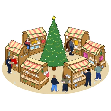 A charming Christmas market filled with wooden stalls, each one decorated with colorful lights and festive garlands. The stalls are positioned in a circular layout, creating a warm and inviting atmosphere. Each stall displays a variety of gifts and treats, including handmade ornaments, candles, and delicious baked goods. Shoppers are walking around, some holding cups of steaming hot cocoa, while others browse through the items for sale. The ground is covered in a light dusting of snow, and a large Christmas tree adorned with twinkling lights stands in the center of the market. A gentle snowfall is falling from the sky, adding to the magical ambiance.