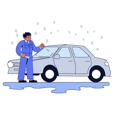 A mechanic in a blue jumpsuit is standing beside a car, focused on testing the windshield wipers. The car is silver with a sleek design. Light rain is falling, creating small splashes on the pavement and wetting the car's windshield. The mechanic has short black hair and is holding a wrench in one hand while adjusting the wipers with the other. In the background, there are puddles forming on the ground, enhancing the rainy atmosphere.